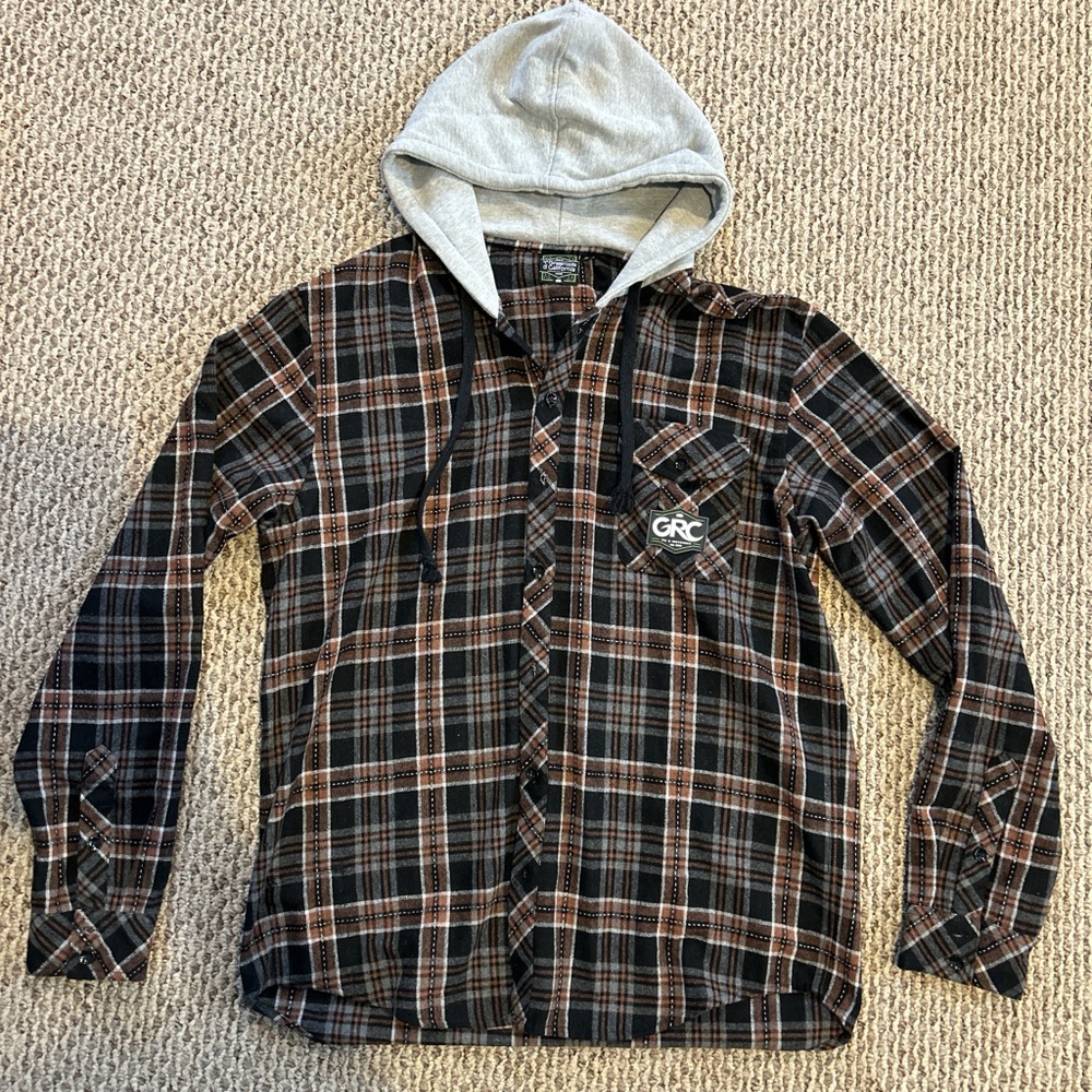 Men's Black and Brown Plaid Shirt with Hood